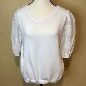 Nanette Lepore White Short Puff Sleeve‎ Sweater Size Large, Eyelet Lace Sleeves